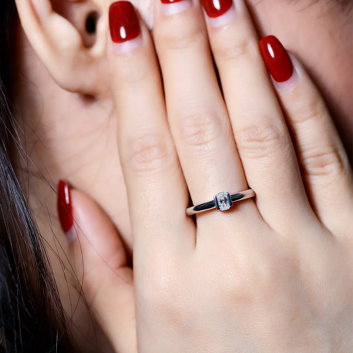 Minimalist Rectangle S925 White-Gold-Plated Silver Moissanite Engagement Ring Women's Ring 0.5ct D