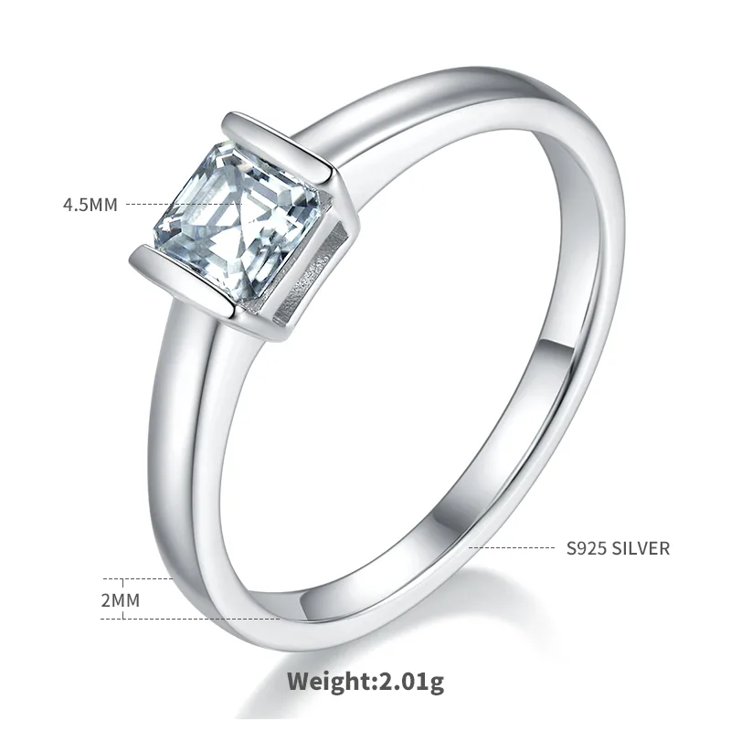 Minimalist Square S925 White-Gold-Plated Silver Moissanite Engagement Ring Women's Ring 0.5ct D