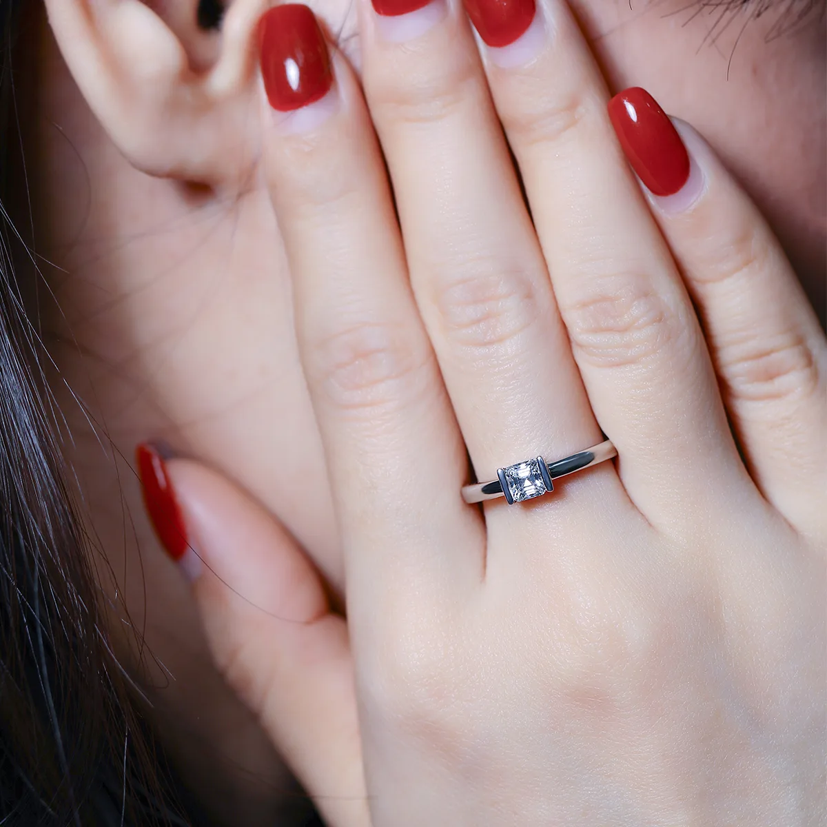 Minimalist Square S925 White-Gold-Plated Silver Moissanite Engagement Ring Women's Ring 0.5ct D