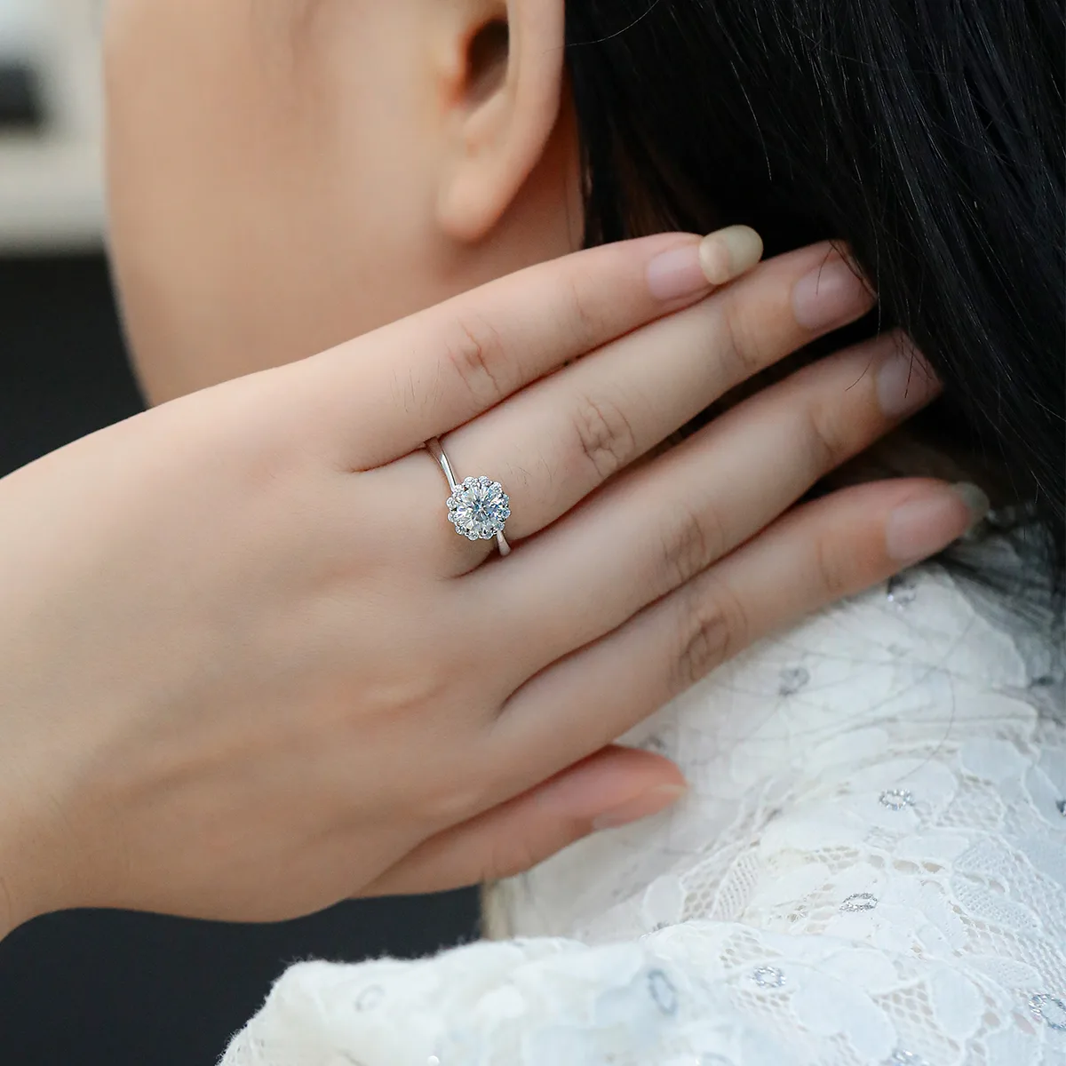 S925 White-Gold-Plated Silver Moissanite Engagement Ring Women's Ring 1ct D