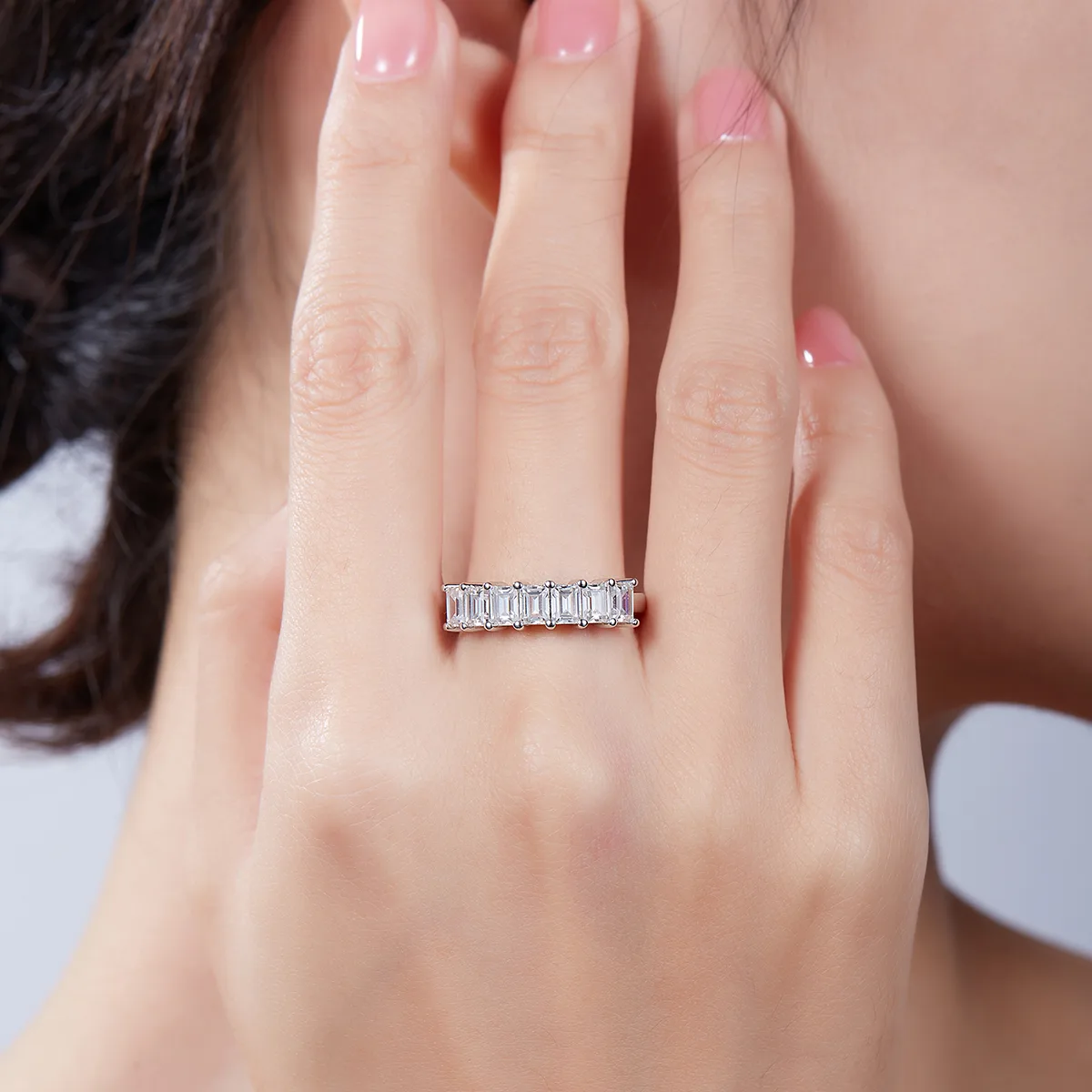 Rectangle Band Ring S925 White-Gold-Plated Silver Moissanite Confession Ring Women's Ring 2.1ct D