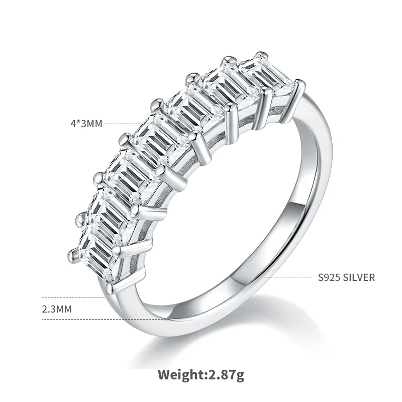 Rectangle Band Ring S925 White-Gold-Plated Silver Moissanite Confession Ring Women's Ring 2.1ct D