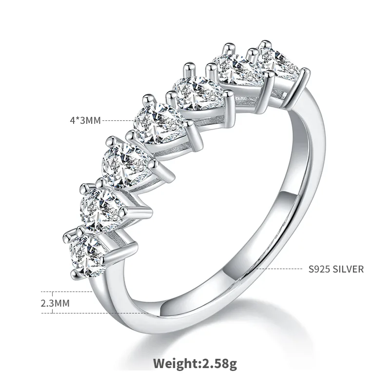 Pear Band Ring S925 White-Gold-Plated Silver Moissanite Anniversary Ring Women's Ring 2.1ct D