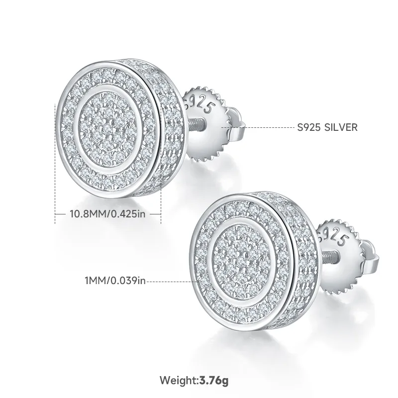 Round Ring S925 Silver Stud Earrings Screw-Back Moissanite Melee D 0.95CT