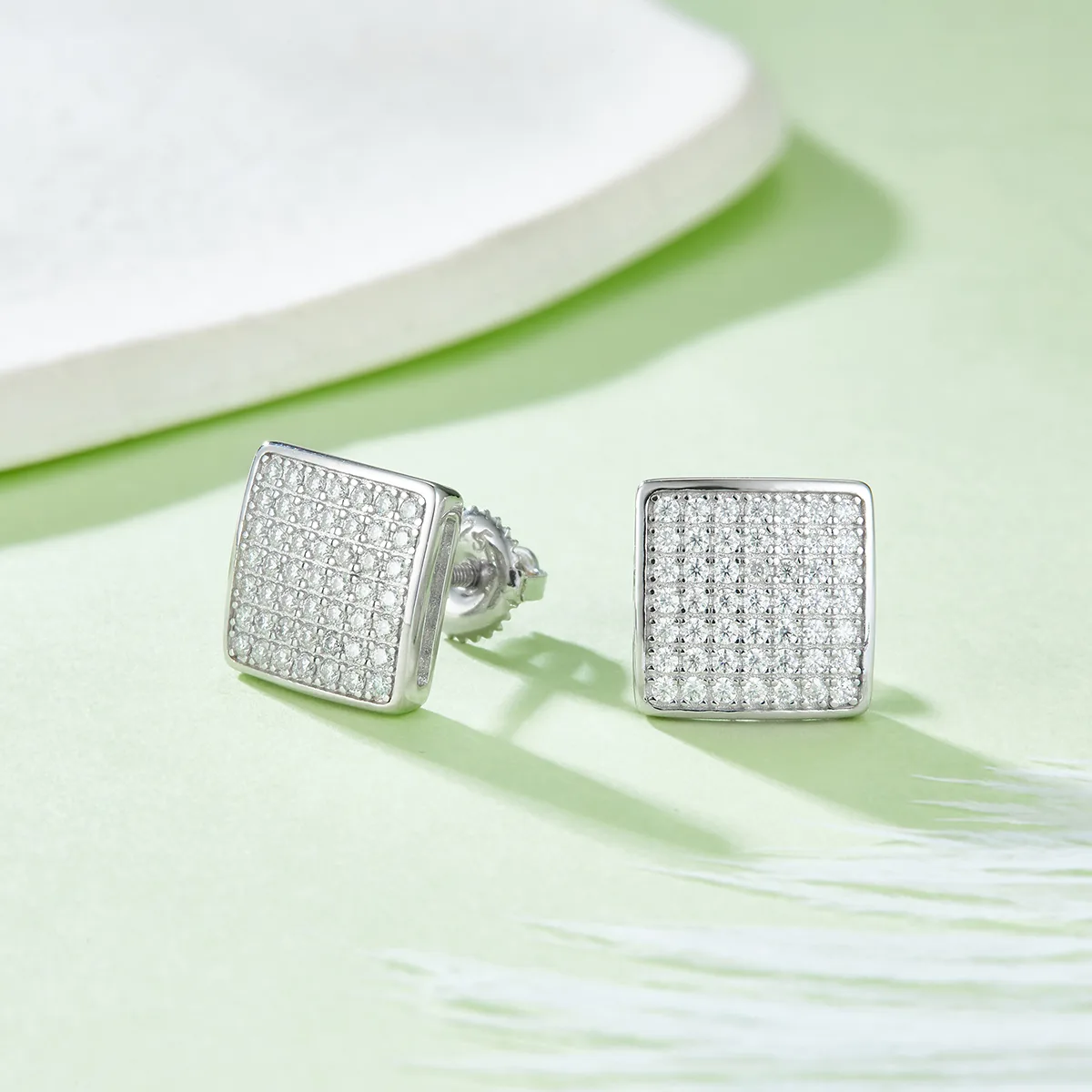 Square S925 Silver Stud Earrings Screw-Back Moissanite Melee D 0.59CT