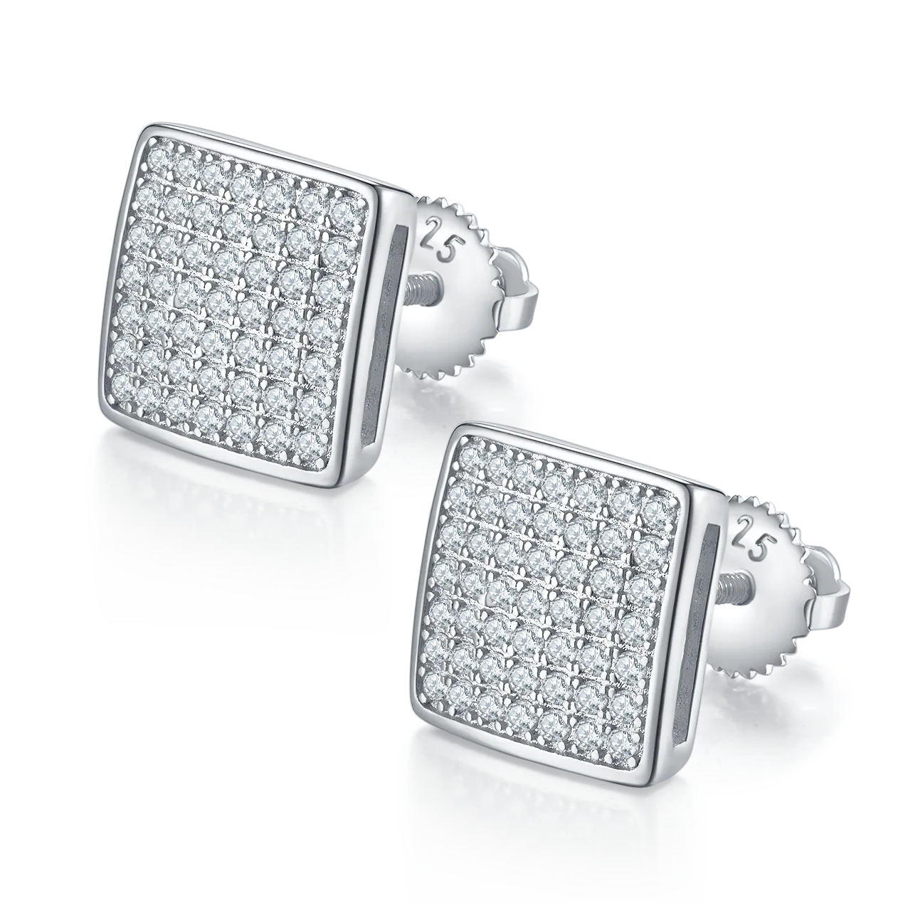 Square S925 Silver Stud Earrings Screw-Back Moissanite Melee D 0.59CT