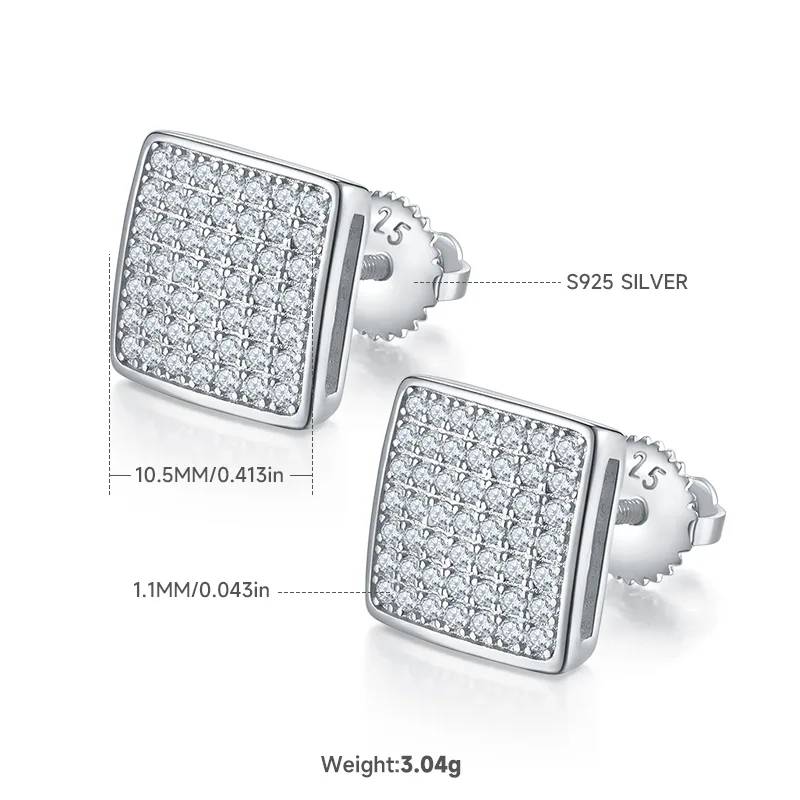 Square S925 Silver Stud Earrings Screw-Back Moissanite Melee D 0.59CT
