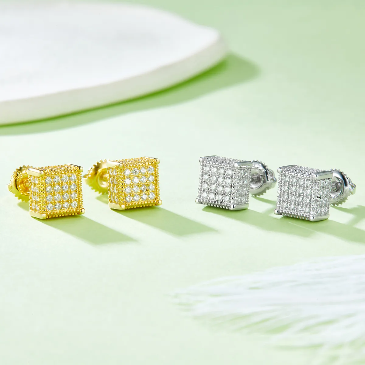 Square S925 Silver Stud Earrings Screw-Back Moissanite Melee D 0.77CT - J017A