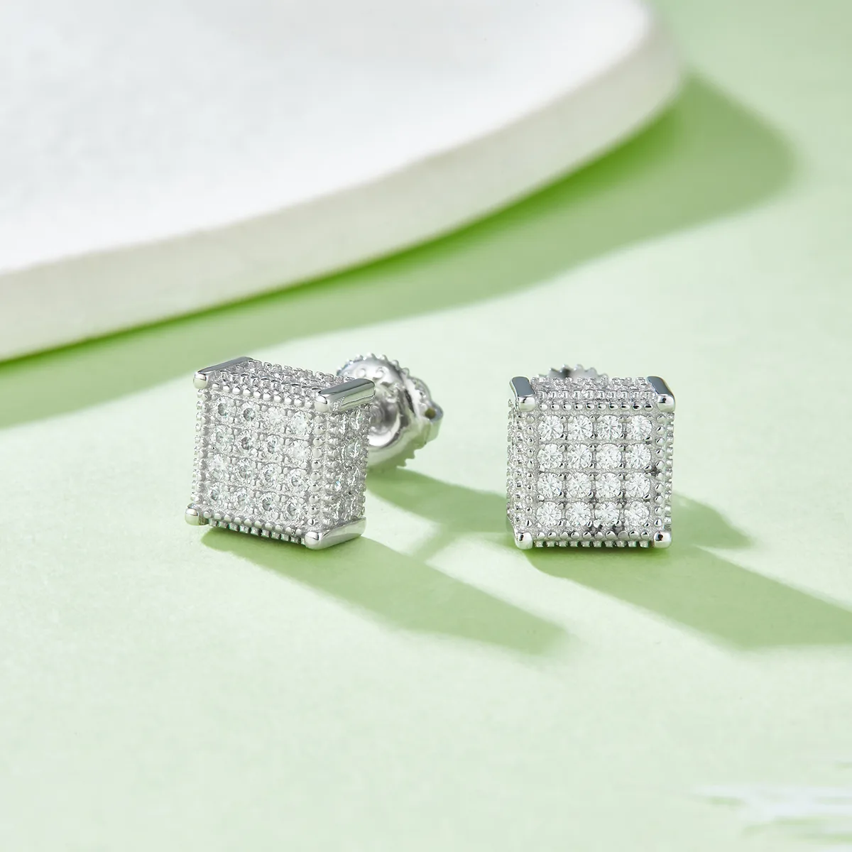 Square S925 Silver Stud Earrings Screw-Back Moissanite Melee D 0.77CT - J017A