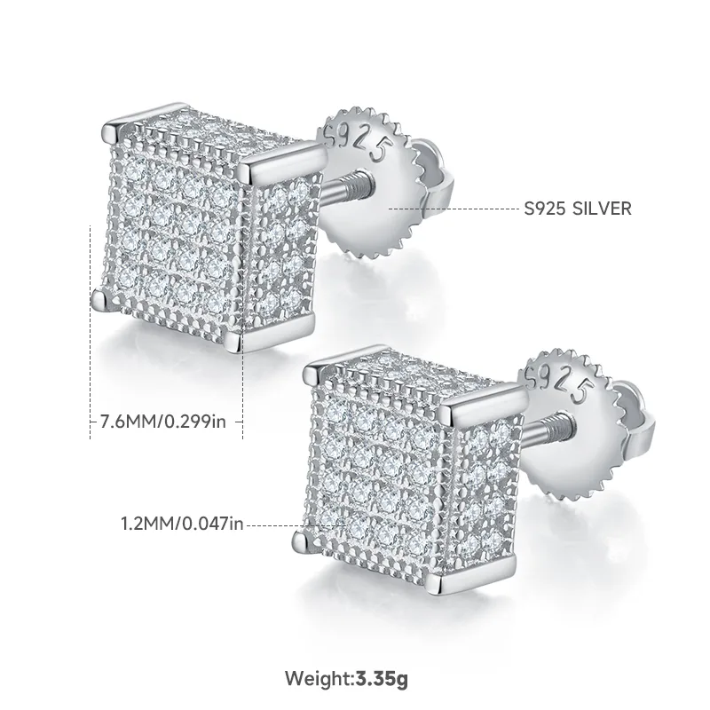 Square S925 Silver Stud Earrings Screw-Back Moissanite Melee D 0.77CT - J017A