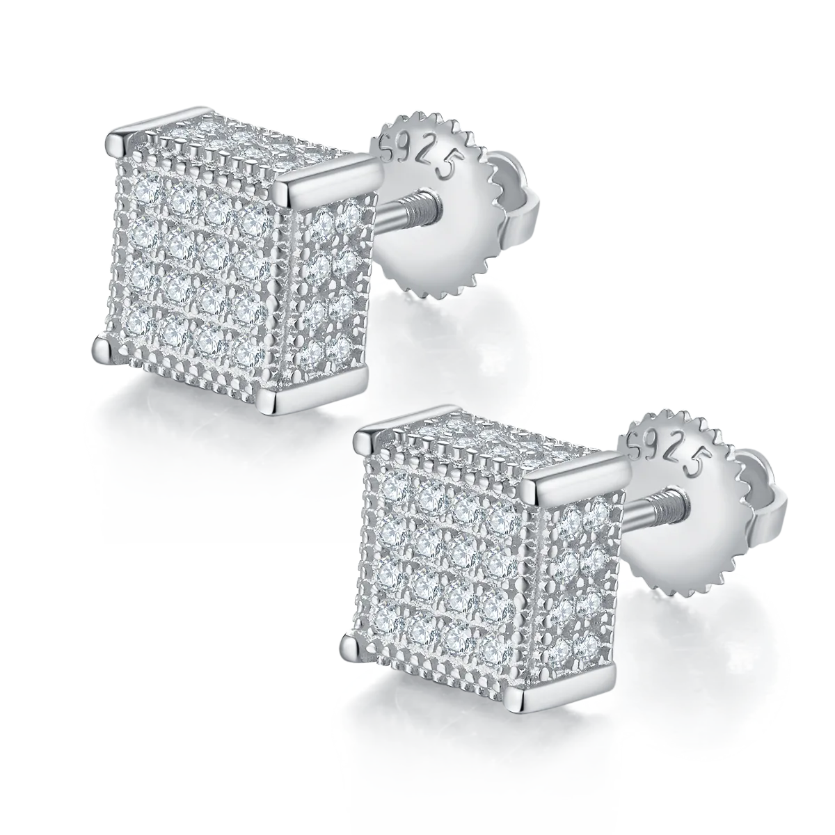 Square S925 Silver Stud Earrings Screw-Back Moissanite Melee D 0.77CT - J017A