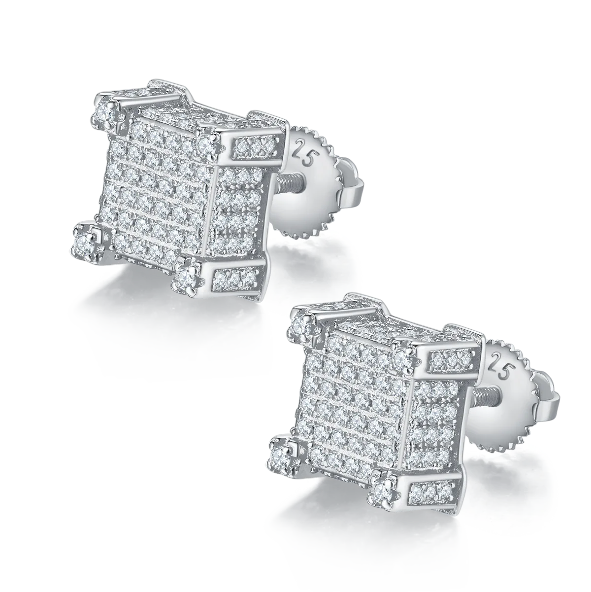 Square S925 Silver Stud Earrings Screw-Back Moissanite Melee D 1.06CT