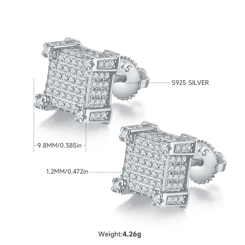 Square S925 Silver Stud Earrings Screw-Back Moissanite Melee D 1.06CT