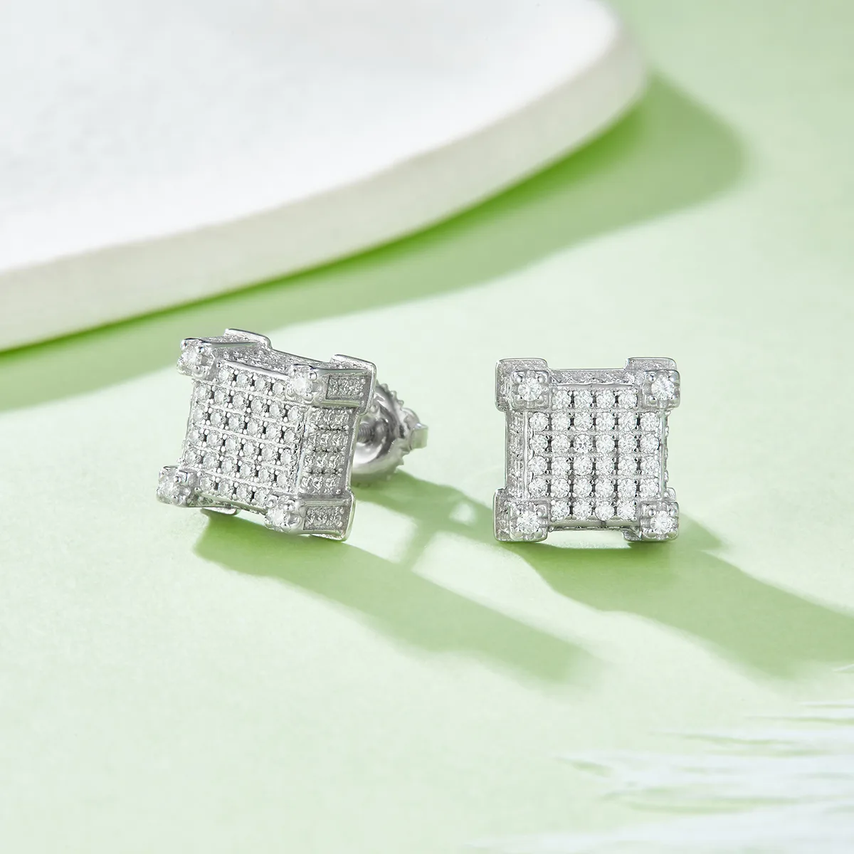 Square S925 Silver Stud Earrings Screw-Back Moissanite Melee D 1.06CT