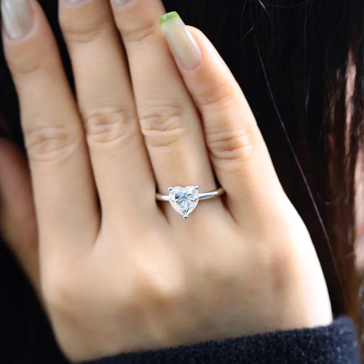 Classic Heart S925 White-Gold-Plated Silver Moissanite Engagement Ring Women's Ring 2.0ct D