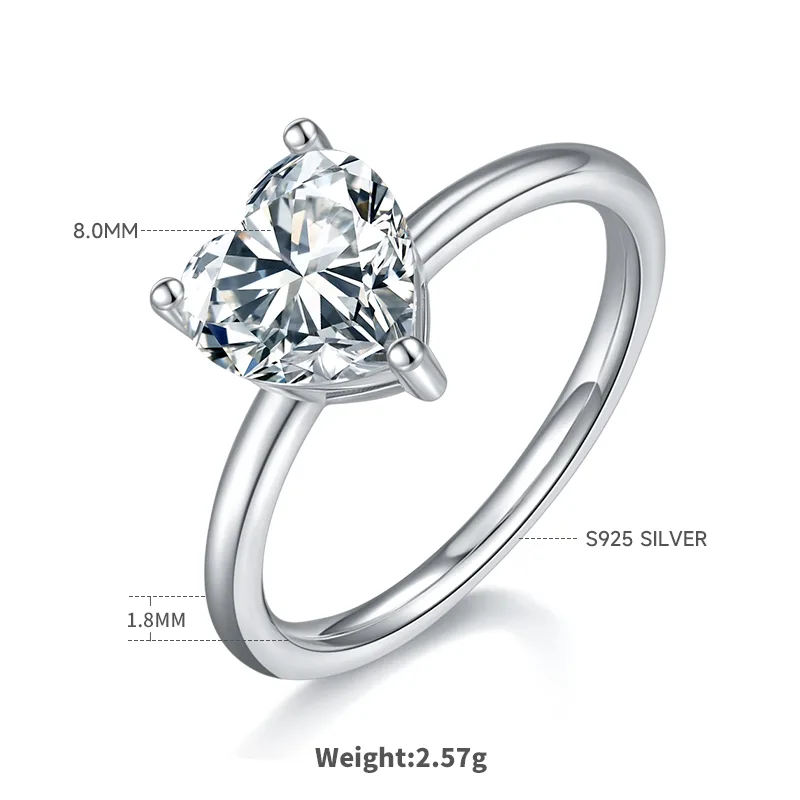 Classic Heart S925 White-Gold-Plated Silver Moissanite Engagement Ring Women's Ring 2.0ct D