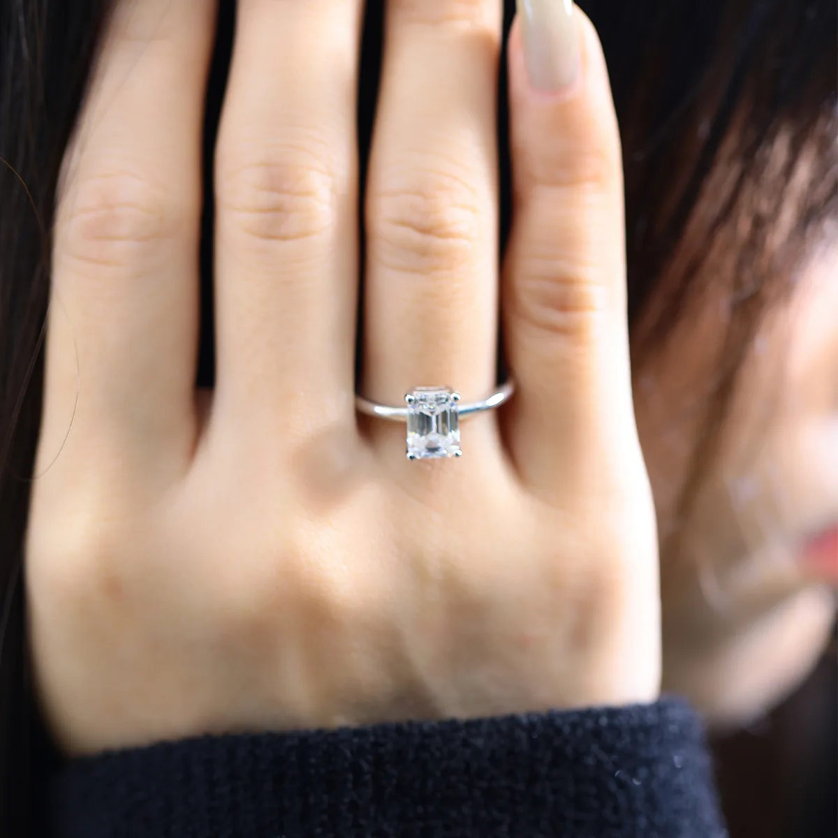 Classic Rectangle S925 White-Gold-Plated Silver Moissanite Wedding Band Women's Ring 2.0ct D