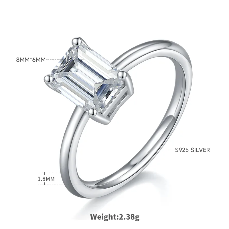 Classic Rectangle S925 White-Gold-Plated Silver Moissanite Wedding Band Women's Ring 2.0ct D
