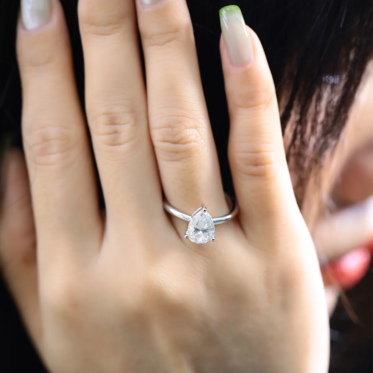 Classic Pear S925 White-Gold-Plated Silver Moissanite Wedding Band Women's Ring 2.0ct D
