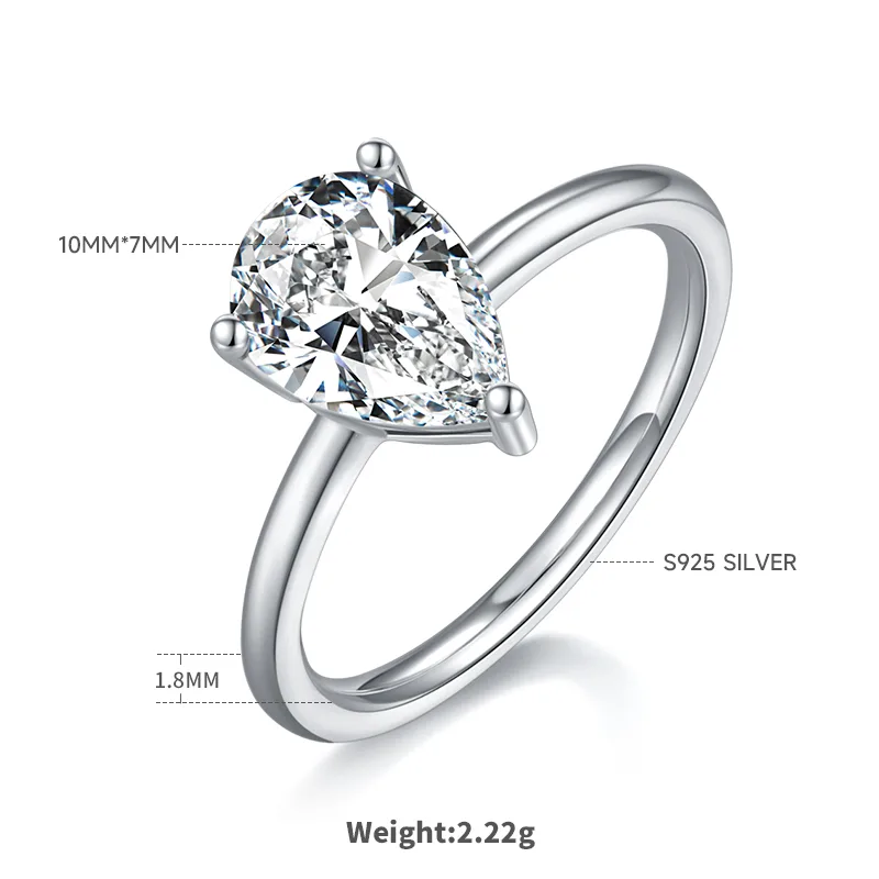 Classic Pear S925 White-Gold-Plated Silver Moissanite Wedding Band Women's Ring 2.0ct D