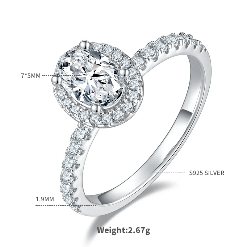Light Luxury Oval S925 White-Gold-Plated Silver Moissanite Wedding Band Women's Ring 1.0ct D