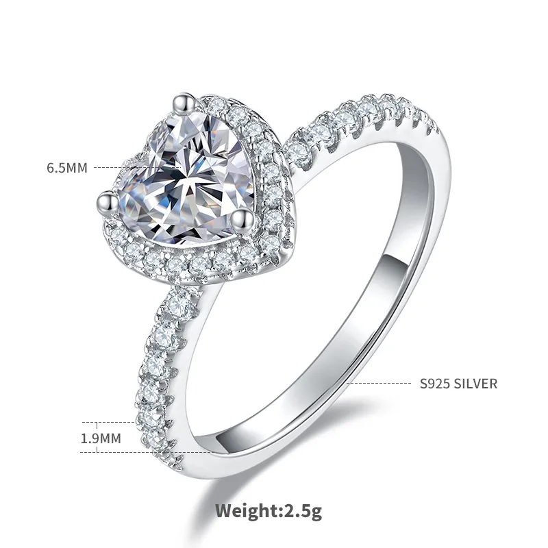 Light Luxury Heart S925 White-Gold-Plated Silver Moissanite Proposal Ring Women's Ring 1.0ct D