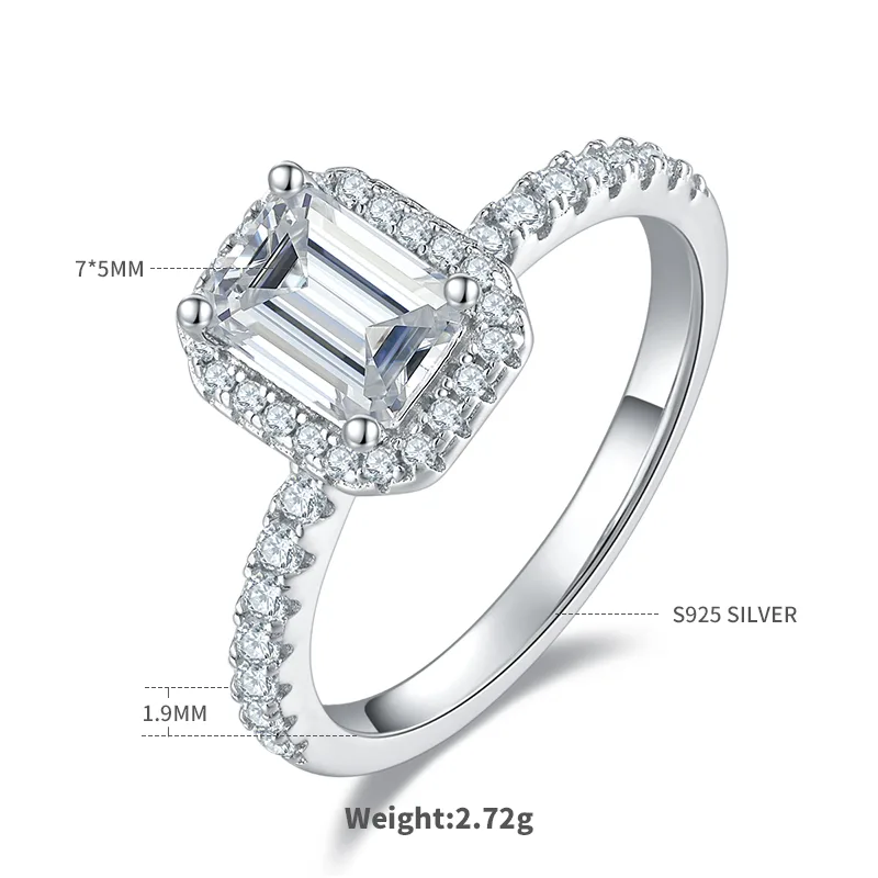 Light Luxury Rectangle S925 White-Gold-Plated Silver Moissanite Engagement Ring Women's Ring 1.0ct D