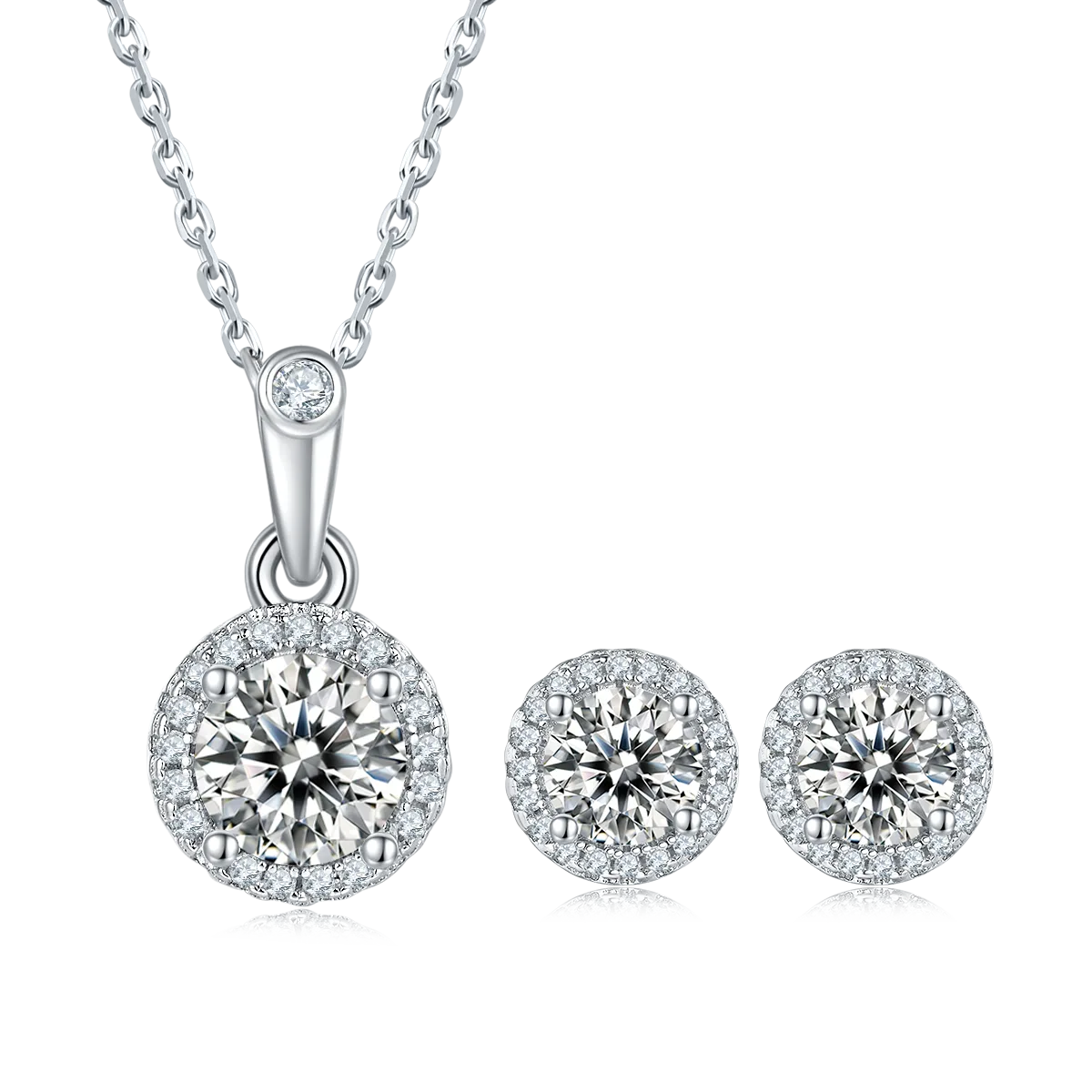 Light Luxury Round S925 White-Gold-Plated Silver Moissanite Pendant Stud Earrings Jewelry Set