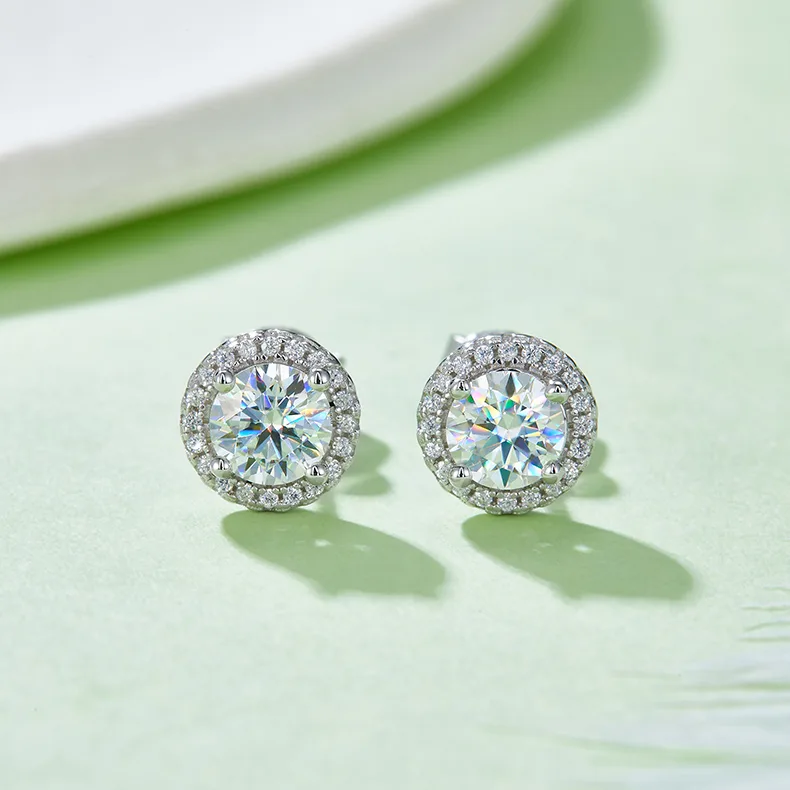 Light Luxury Round S925 White-Gold-Plated Silver Moissanite Pendant Stud Earrings Jewelry Set