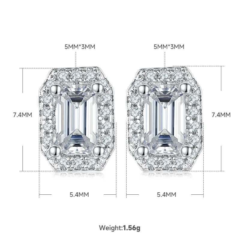 Light Luxury Rectangle S925 White-Gold-Plated Silver Moissanite Pendant Stud Earrings Jewelry Set