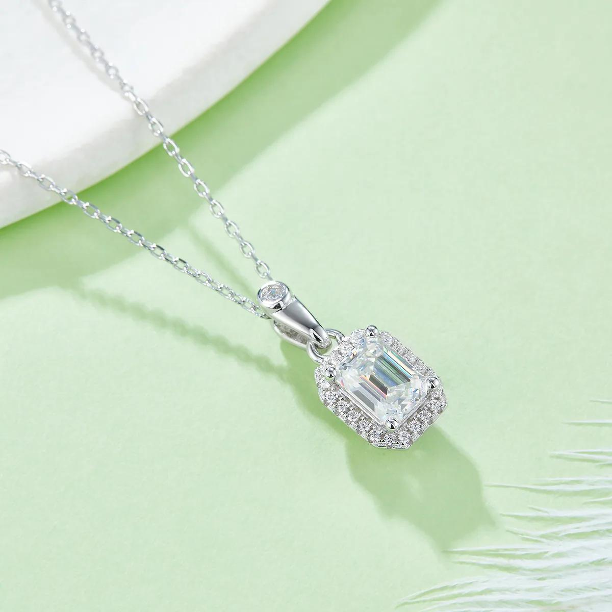 Light Luxury Rectangle S925 White-Gold-Plated Silver Moissanite Pendant Stud Earrings Jewelry Set