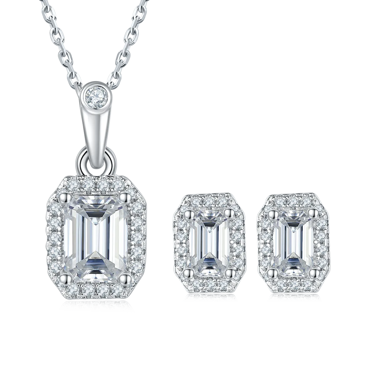 Light Luxury Rectangle S925 White-Gold-Plated Silver Moissanite Pendant Stud Earrings Jewelry Set