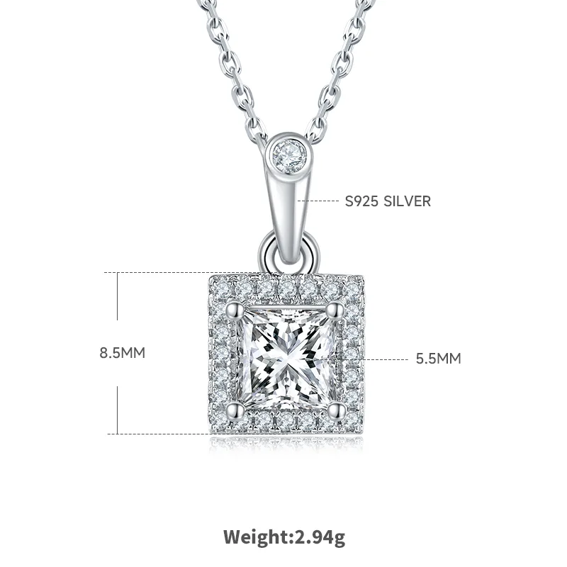 Light Luxury Square S925 White-Gold-Plated Silver Moissanite Pendant Stud Earrings Jewelry Set