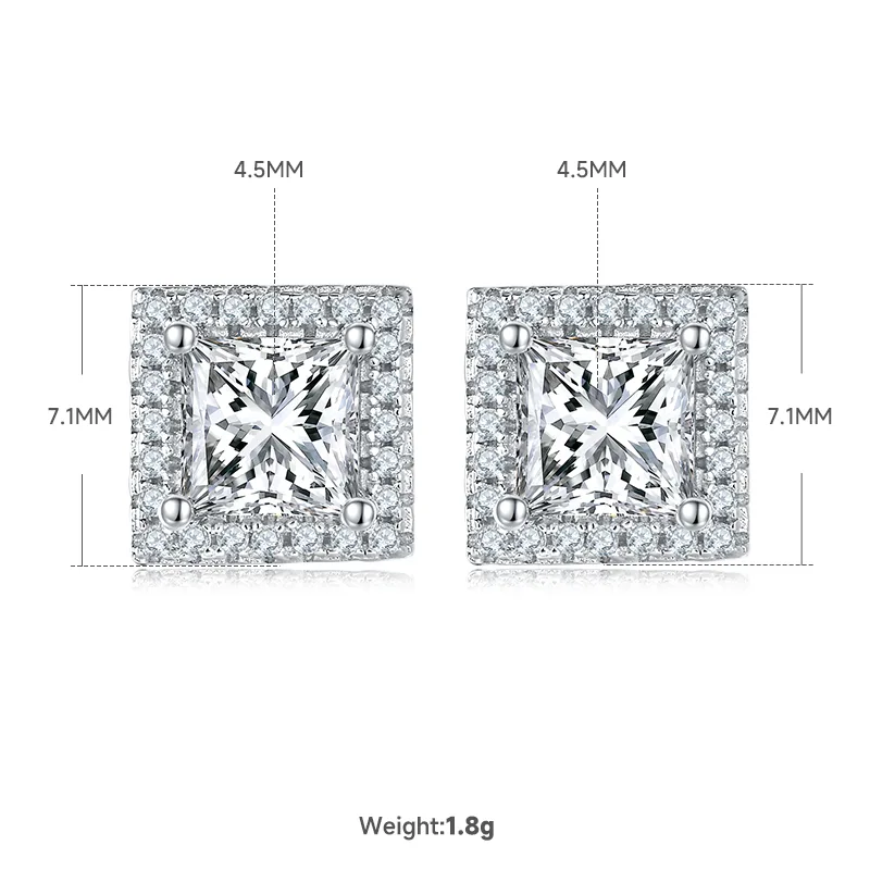 Light Luxury Square S925 White-Gold-Plated Silver Moissanite Pendant Stud Earrings Jewelry Set