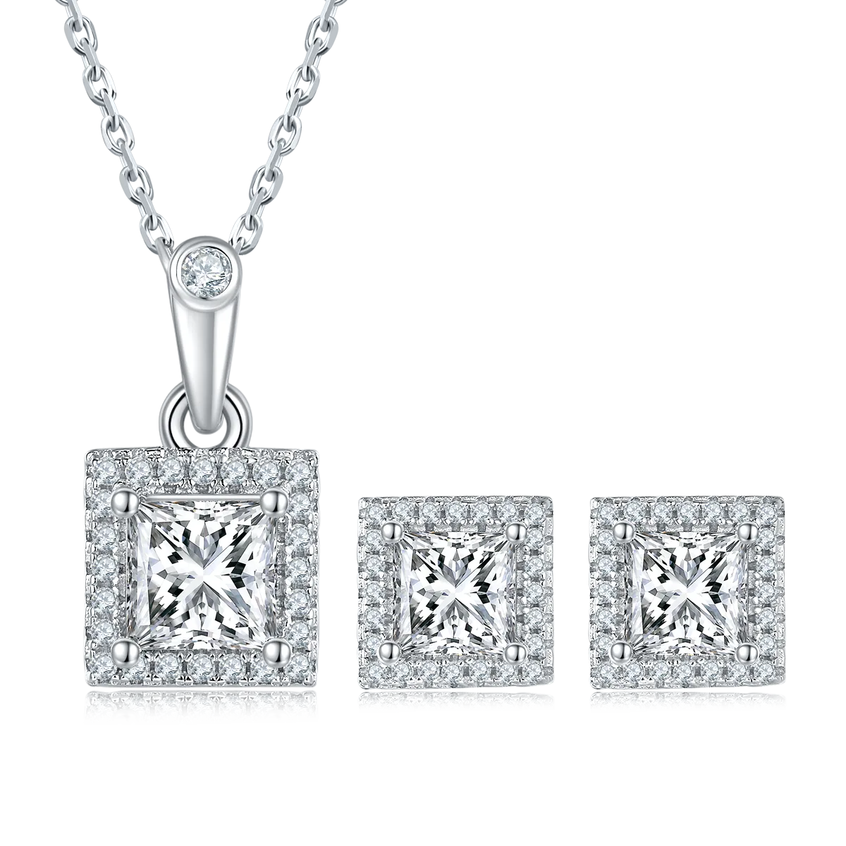 Light Luxury Square S925 White-Gold-Plated Silver Moissanite Pendant Stud Earrings Jewelry Set