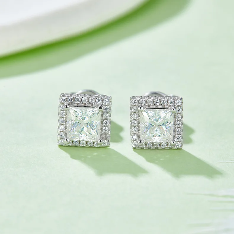 Light Luxury Square S925 White-Gold-Plated Silver Moissanite Pendant Stud Earrings Jewelry Set