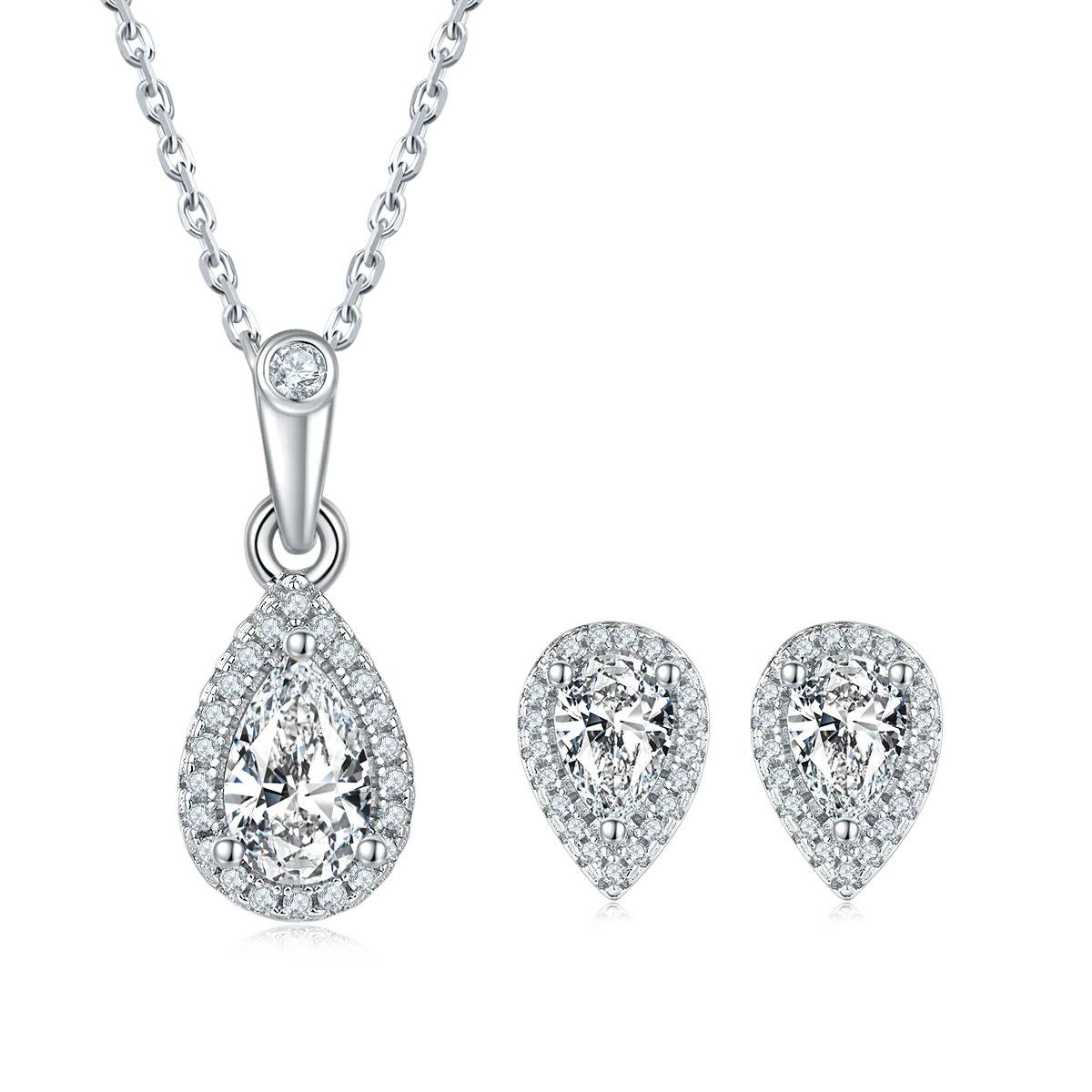Light Luxury Pear S925 White-Gold-Plated Silver Moissanite Pendant Stud Earrings Jewelry Set