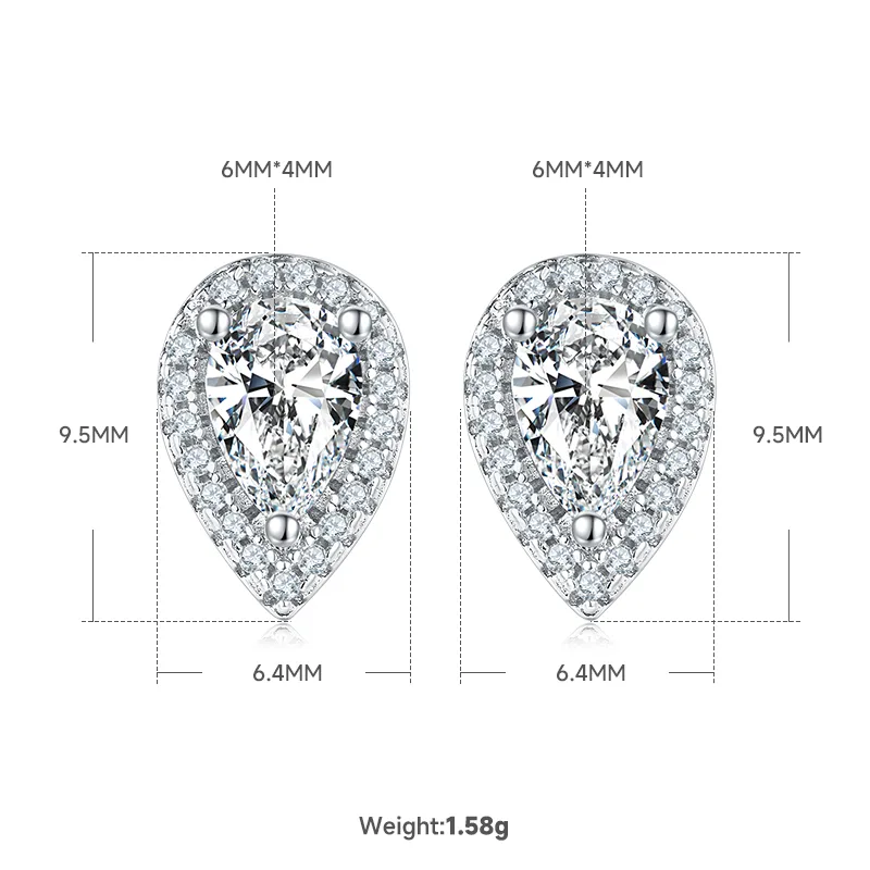 Light Luxury Pear S925 White-Gold-Plated Silver Moissanite Pendant Stud Earrings Jewelry Set