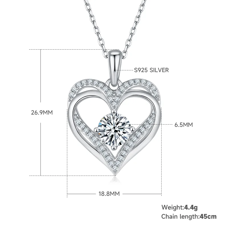 Round Heart Pendant S925 Silver Moissanite Melee D 1.2CT