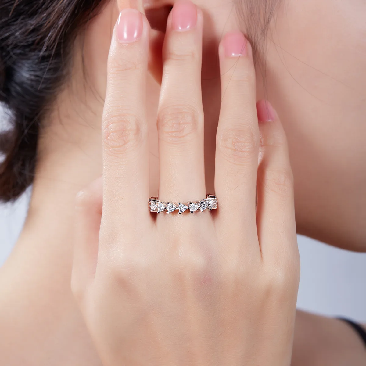 Trilliant Band Ring S925 White-Gold-Plated Silver Moissanite Anniversary Ring Women's Ring 2.0ct D