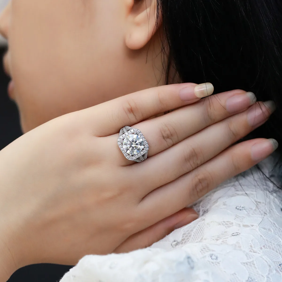 Classic Square Bezel S925 White-Gold-Plated Silver Moissanite Proposal Ring Women's Ring 5.0ct D