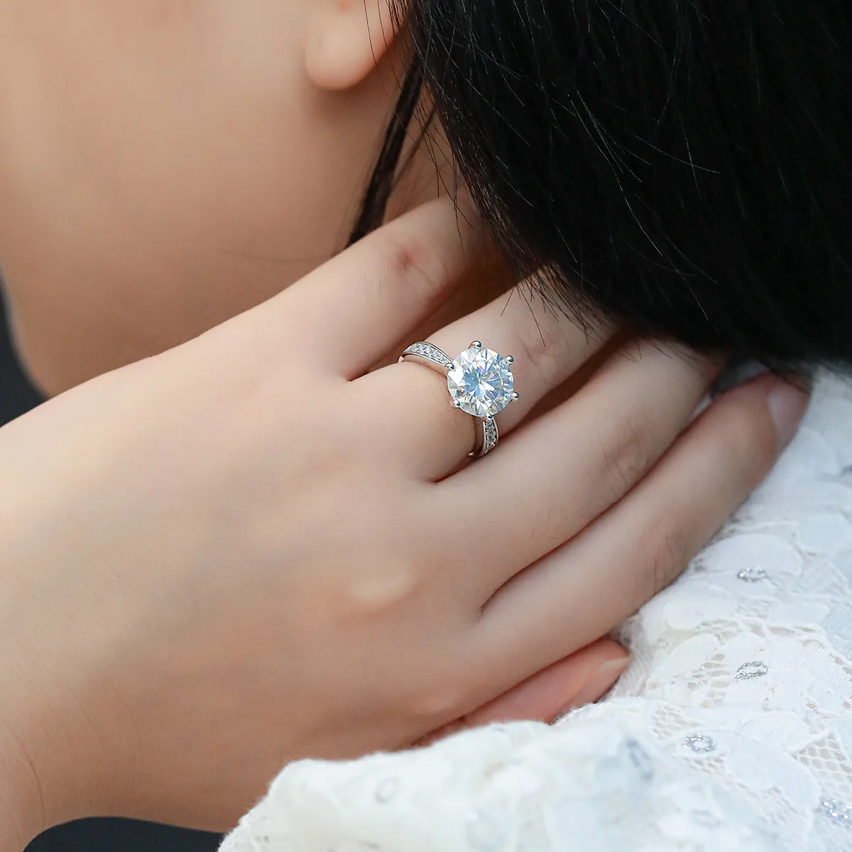 Micro-Pavé Spirit S925 White-Gold-Plated Silver Moissanite Proposal Ring Women's Ring 5.0ct D
