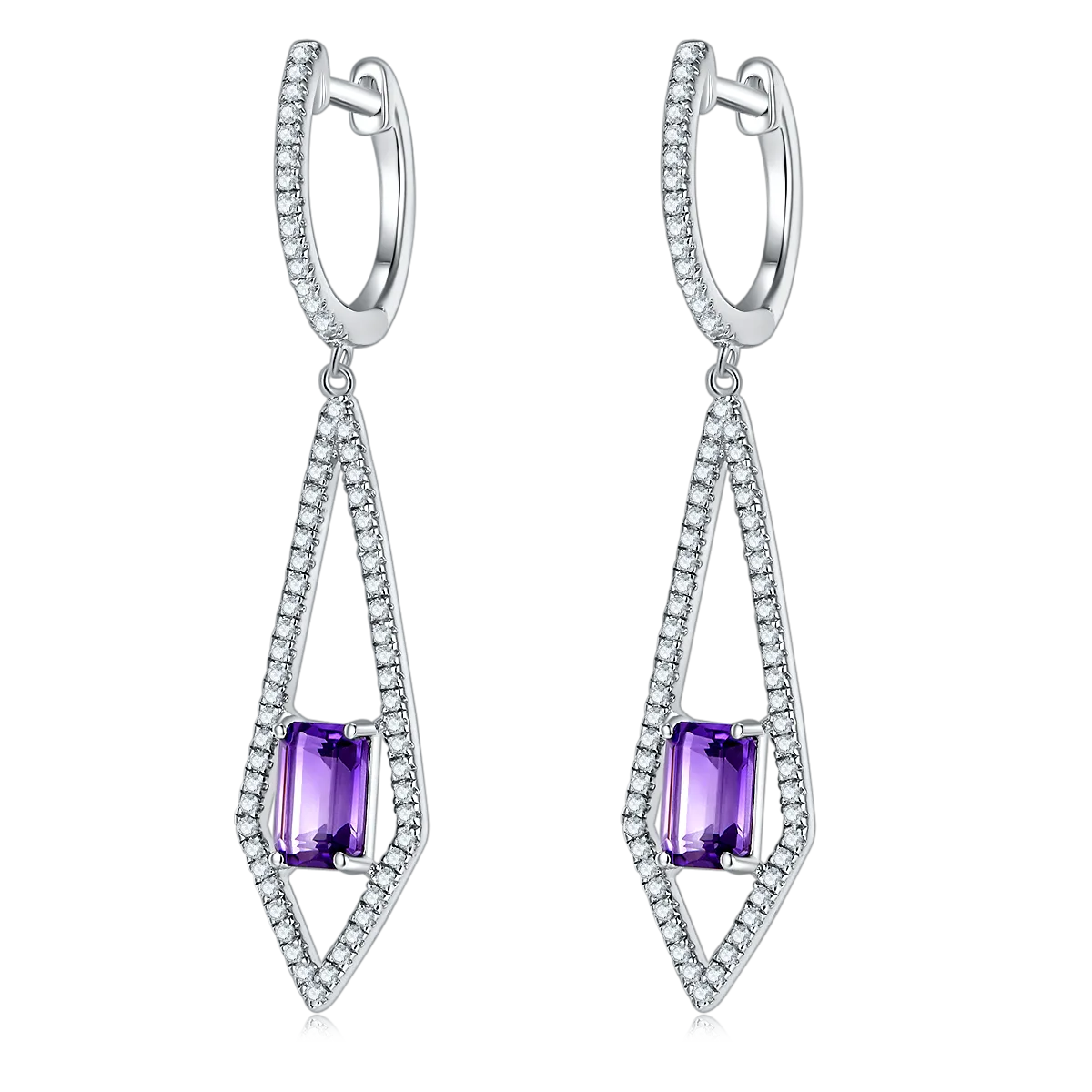 300928/ME809916TP-5 S925 Silver 18K White Gold Natural Amethyst Stud Earrings Center Stone 6*4mm
