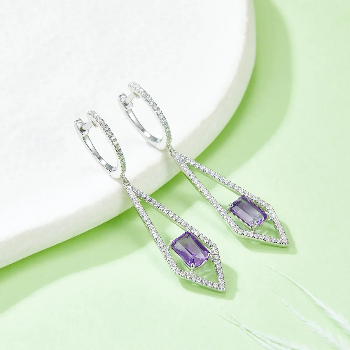 300928/ME809916TP-5 S925 Silver 18K White Gold Natural Amethyst Stud Earrings Center Stone 6*4mm