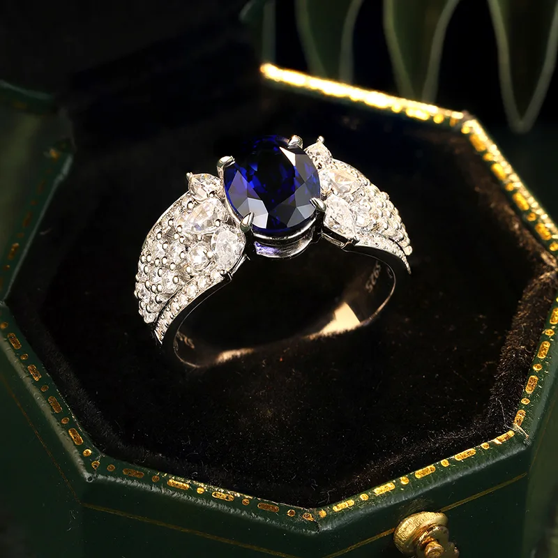 R193 Lab-Grown Gemstone S925 White-Gold-Plated Silver Anniversary Ring 9*7mm/2.5ct