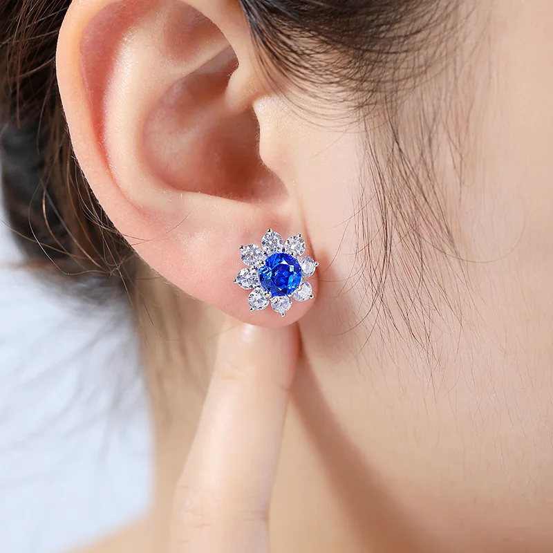 E006Y Lab-Grown Gemstone S925 White-Gold-Plated Silver Stud Earrings Sunflower Series 6.5mm/2.95ct