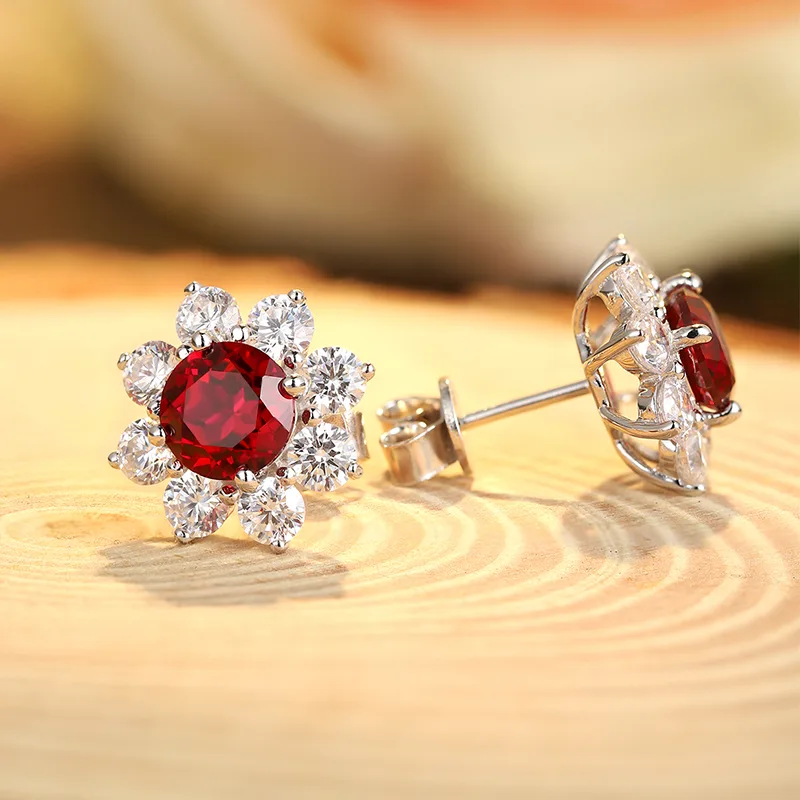 E006Y Lab-Grown Gemstone S925 White-Gold-Plated Silver Stud Earrings Sunflower Series 6.5mm/2.95ct