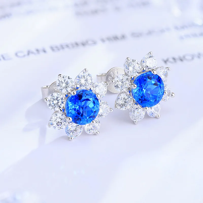 E006Y Lab-Grown Gemstone S925 White-Gold-Plated Silver Stud Earrings Sunflower Series 6.5mm/2.95ct