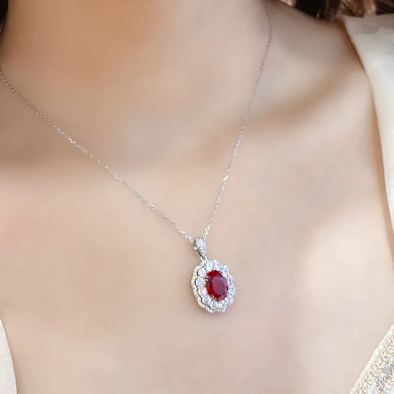 N047 Lab-Grown Ruby Necklace Red S925 White-Gold-Plated Silver Pendant 7*10mm/3.0ct