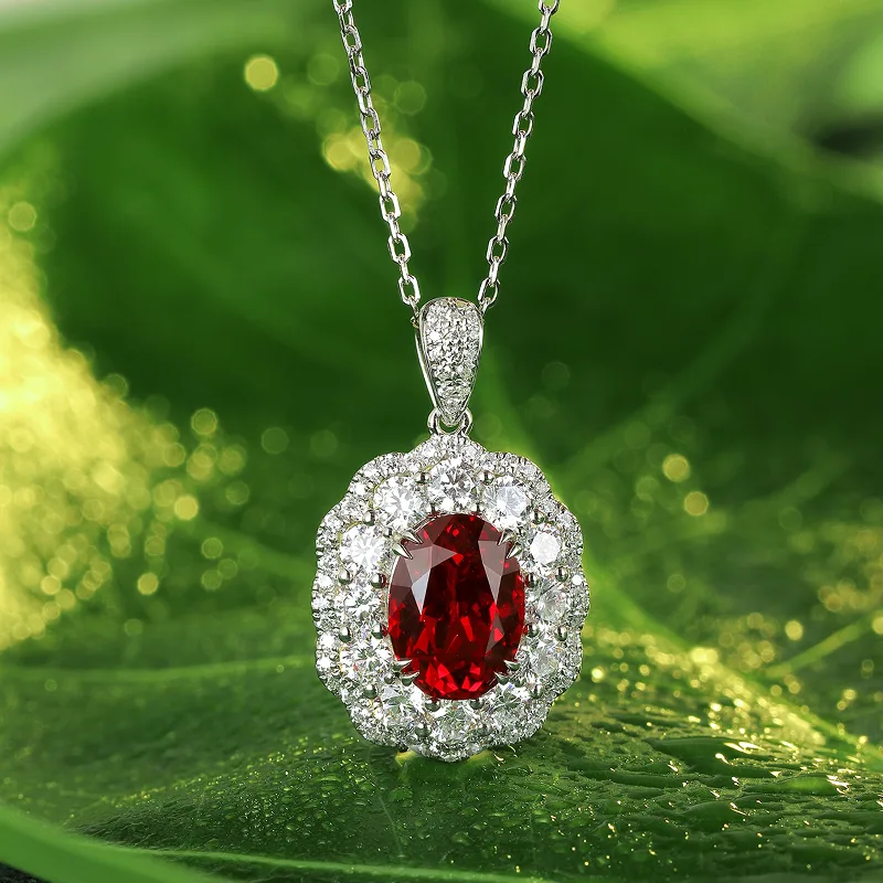 N047 Lab-Grown Ruby Necklace Red S925 White-Gold-Plated Silver Pendant 7*10mm/3.0ct